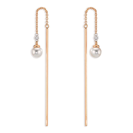 Áthúzós fülbevaló 750/18 K vörös arany Gyémánt 0.06 ct, 3 Kövek, tw-si [Akoya Perlen], 2 Gyöngyök, 4.5 mm