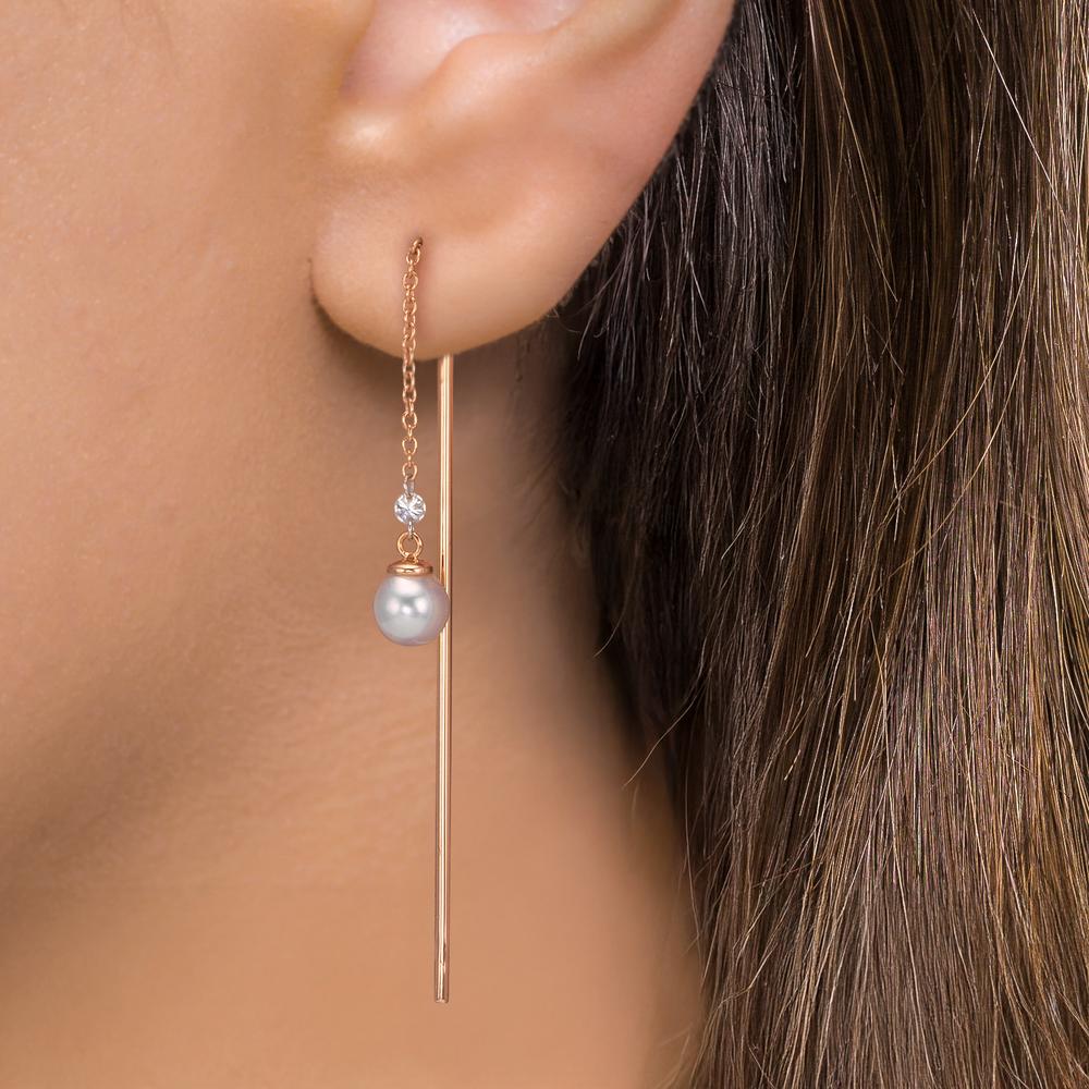 Áthúzós fülbevaló 750/18 K vörös arany Gyémánt 0.06 ct, 3 Kövek, tw-si [Akoya Perlen], 2 Gyöngyök, 4.5 mm