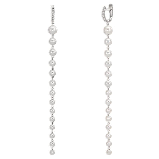Patentzáras karika fülbevalók 750/18 K fehér arany Gyémánt 0.12 ct, 12 Kövek, tw-si édesvízi tenyésztett gyöngy, 28 Gyöngyök