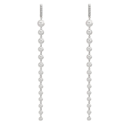 Patentzáras karika fülbevalók 750/18 K fehér arany Gyémánt 0.12 ct, 12 Kövek, tw-si édesvízi tenyésztett gyöngy, 28 Gyöngyök