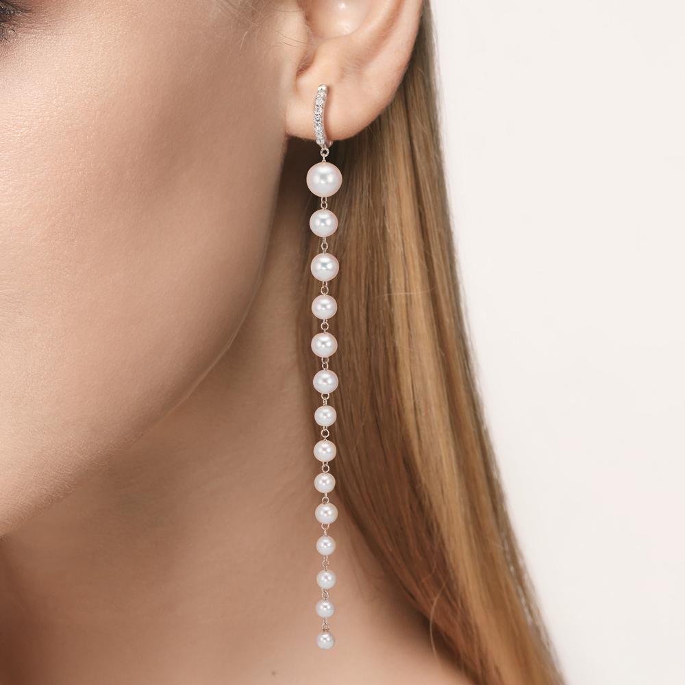 Patentzáras karika fülbevalók 750/18 K fehér arany Gyémánt 0.12 ct, 12 Kövek, tw-si édesvízi tenyésztett gyöngy, 28 Gyöngyök