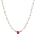 Nyakékek 750/18 K vörös arany Rubin 0.62 ct édesvízi tenyésztett gyöngy, 3.5 mm Szív 40-44 cm
