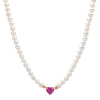 Nyakékek 750/18 K vörös arany Rubin 0.62 ct édesvízi tenyésztett gyöngy, 3.5 mm Szív 40-44 cm