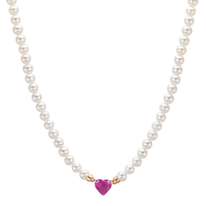 Nyakékek 750/18 K vörös arany Rubin 0.62 ct édesvízi tenyésztett gyöngy, 3.5 mm Szív 40-44 cm
