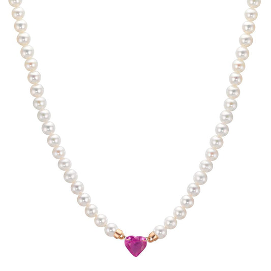 Nyakékek 750/18 K vörös arany Rubin 0.62 ct édesvízi tenyésztett gyöngy, 3.5 mm Szív 40-44 cm