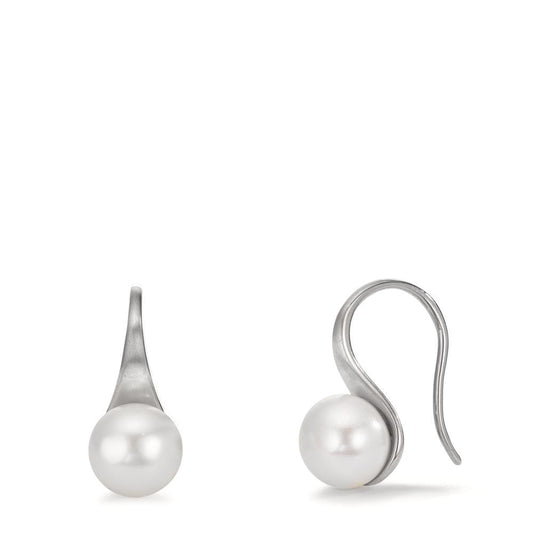 Függő fülbevaló Ezüst ródiumozott édesvízi tenyésztett gyöngy, 2 Gyöngyök, 8 mm