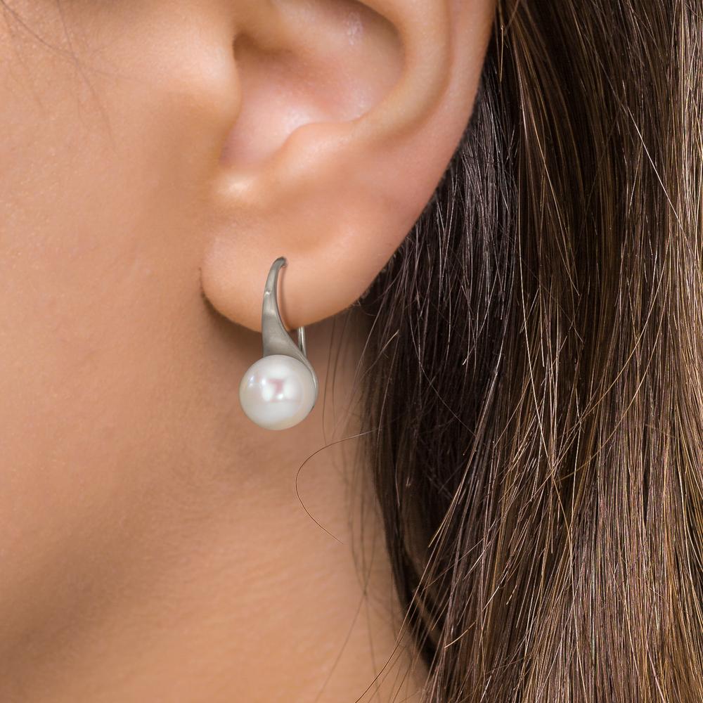 Függő fülbevaló Ezüst ródiumozott édesvízi tenyésztett gyöngy, 2 Gyöngyök, 8 mm