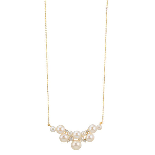 Nyakékek 750/18 K sárga arany Gyémánt 0.08 ct, 4 Kövek, w-si édesvízi tenyésztett gyöngy, 12 Gyöngyök 3.5-6.5 mm 42-45 cm
